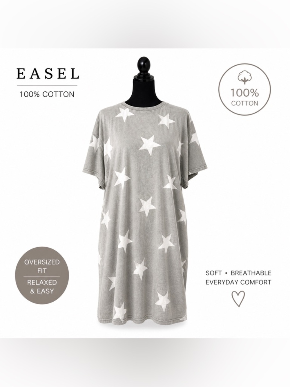 Easel Oversized Star Print Cotton Dress Gray Large Boho Casual T-Shirt Dress